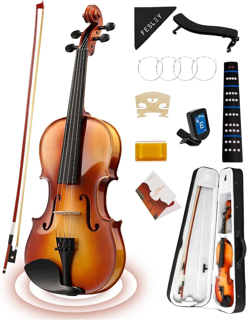 Fesley Violin Fiddle Full Set: 4/4 Polished Violin Kit for Beginners, Acoustic Violin with Hard Case, Solidwood Hand Made Starter Kit with Bow, Rosin, Shoulder Rest, Tuner, Extra Strings - Image 1